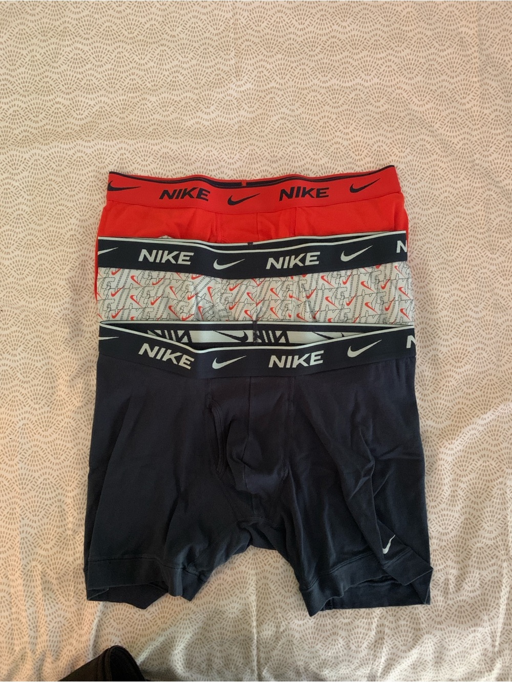 Nike Men’s 3-Pack Boxer Briefs in Orange, Patterned Blue, Navy